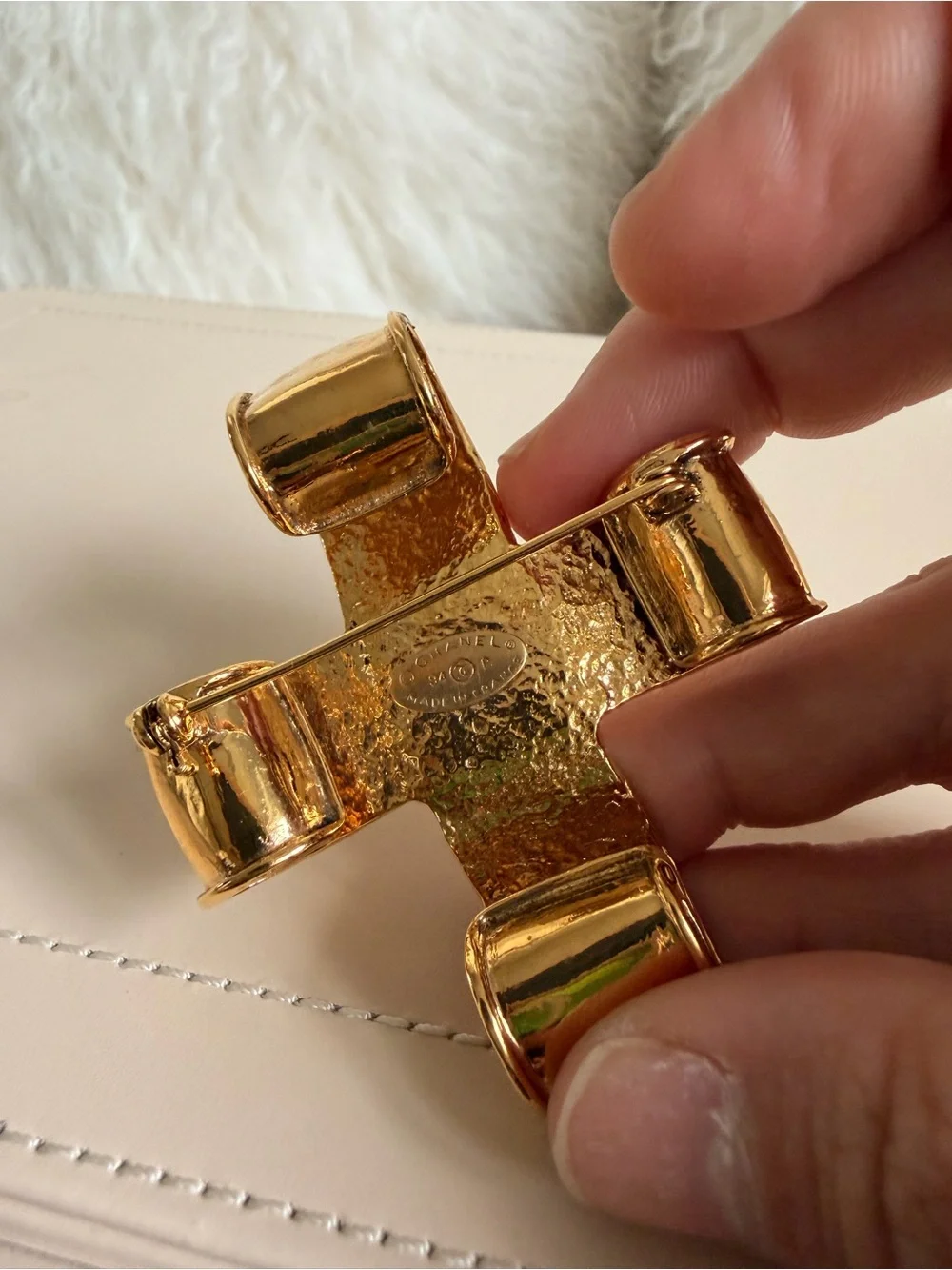 chanel Gold Tone Cross Brooch with Interlocking CC Logo